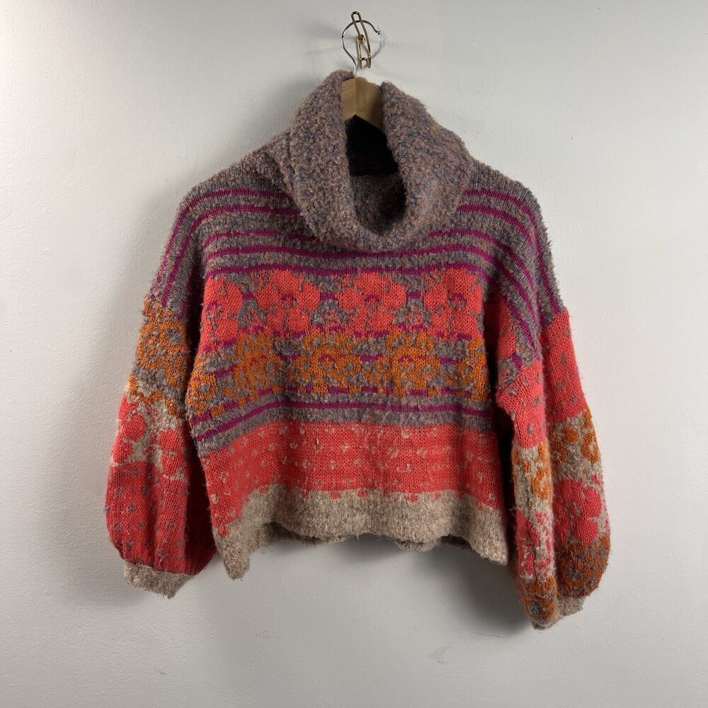 FATE Sweater Women Small Multicolor Mixed Media Knit Top Ballon Sleeve Turtlenec